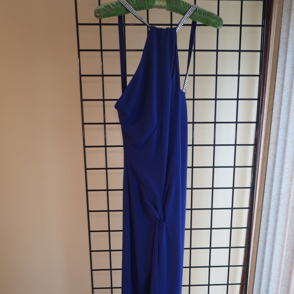 Betsy and Adam Color: Sapphire Gown w/ Rhinestone Detailed Straps - Never Worn